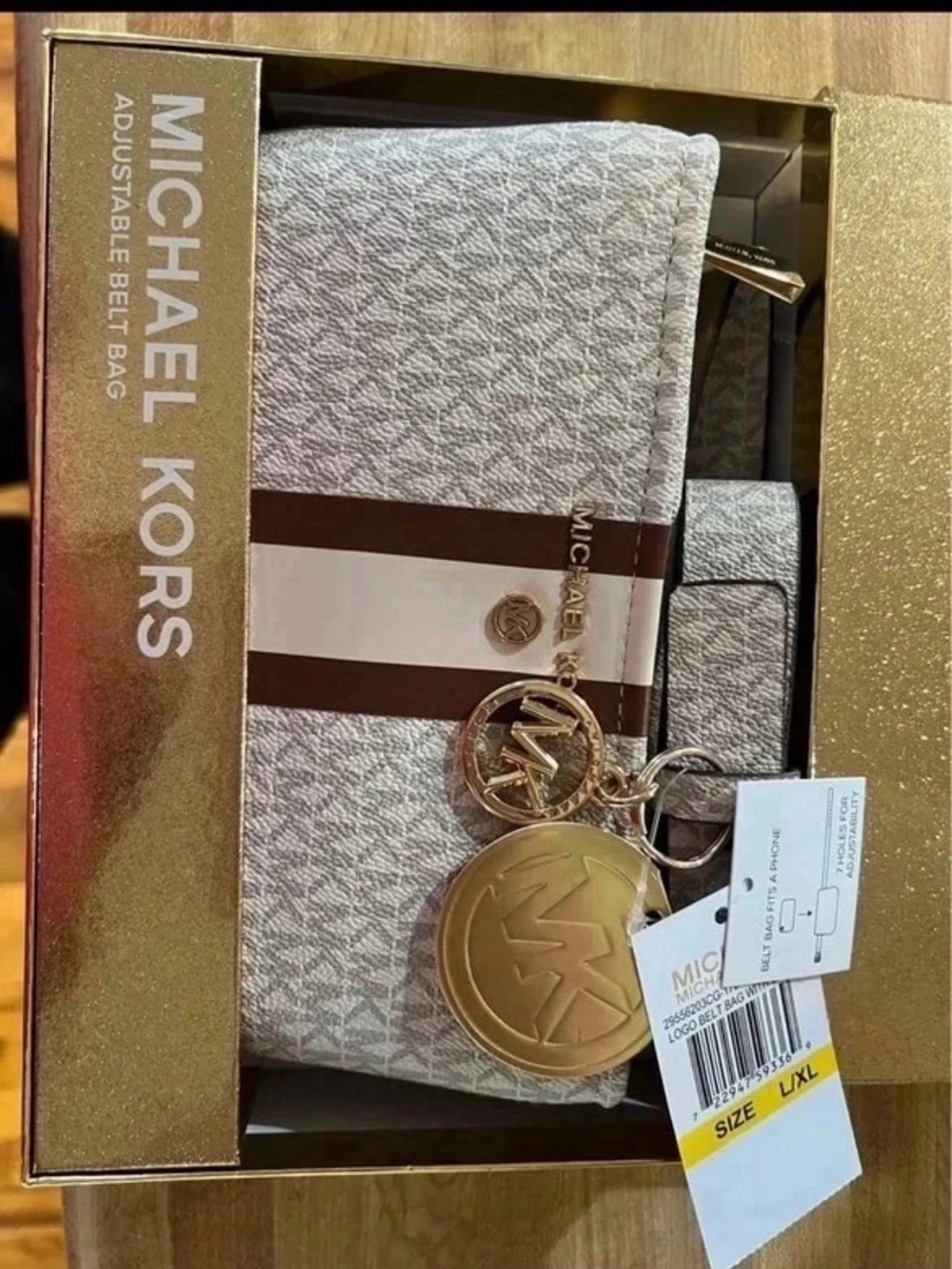 Michael Kors Beige and Brown Monogram Adjustable Belt Bag with Gold Accents